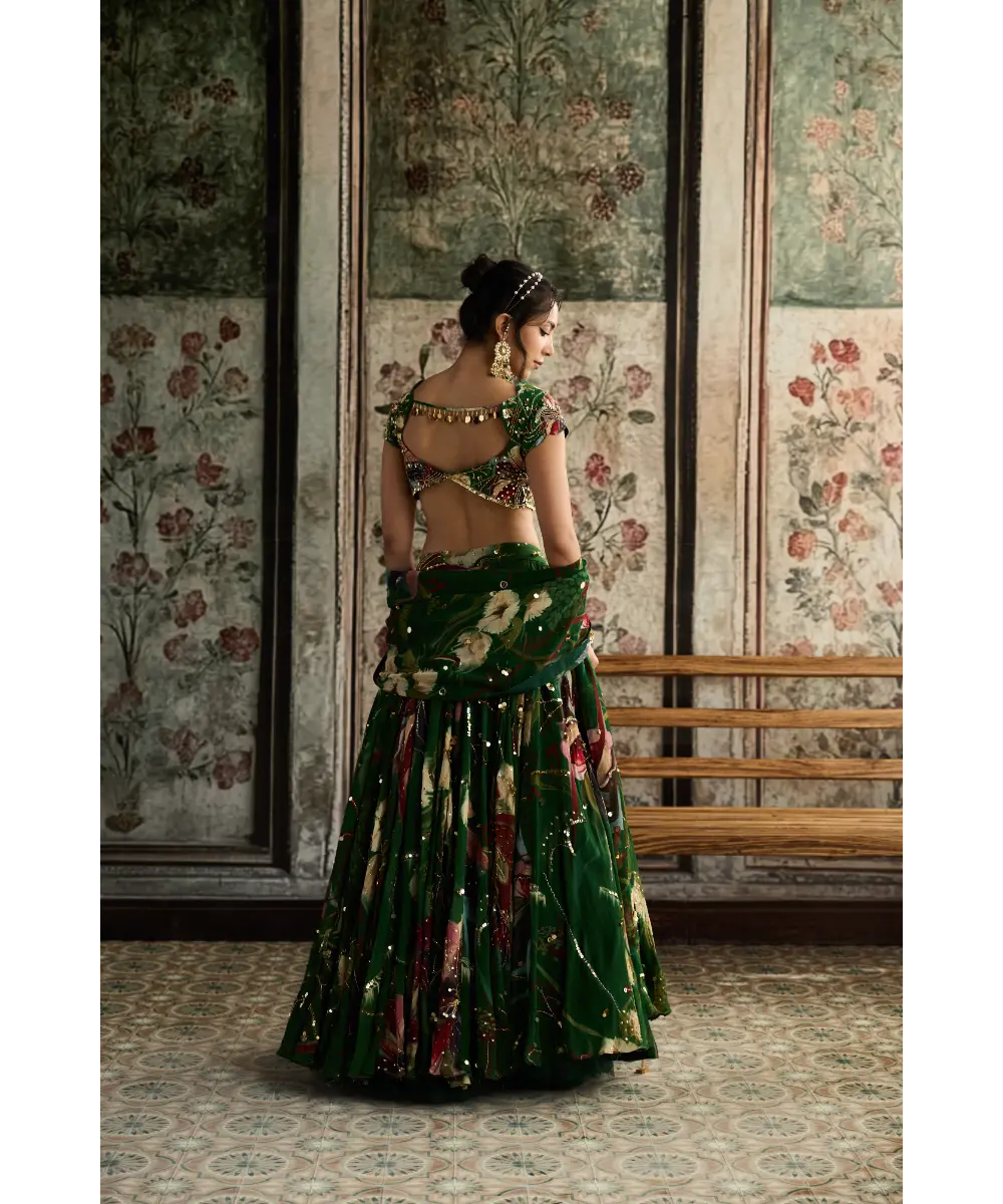 DIYARAJVVIR - Green Floral Print and Highlighted Lehenga Set
